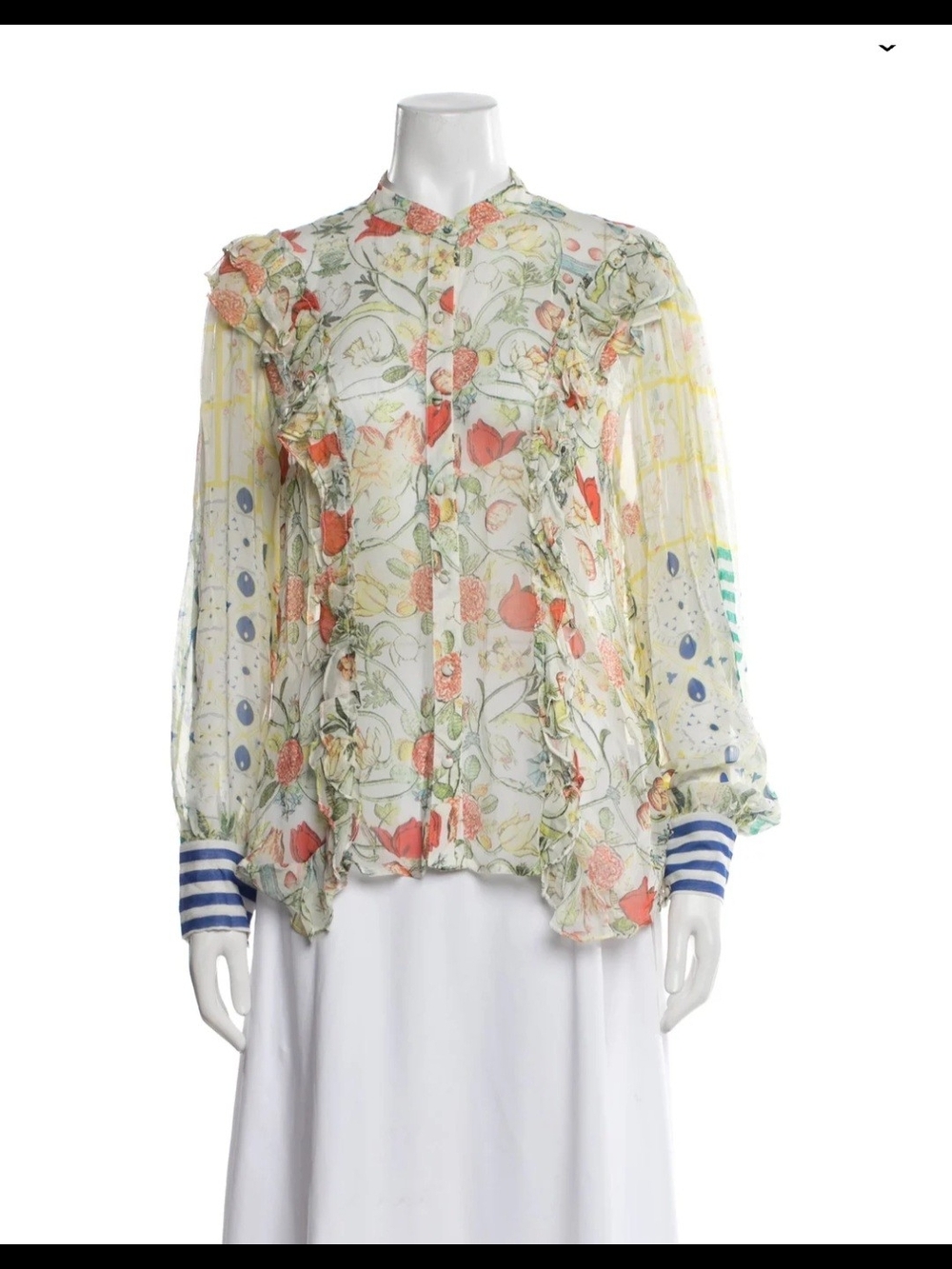 HEMANT & NANDITA Sheer Floral Ruffle Blouse - Cream with Coral and Green Accents